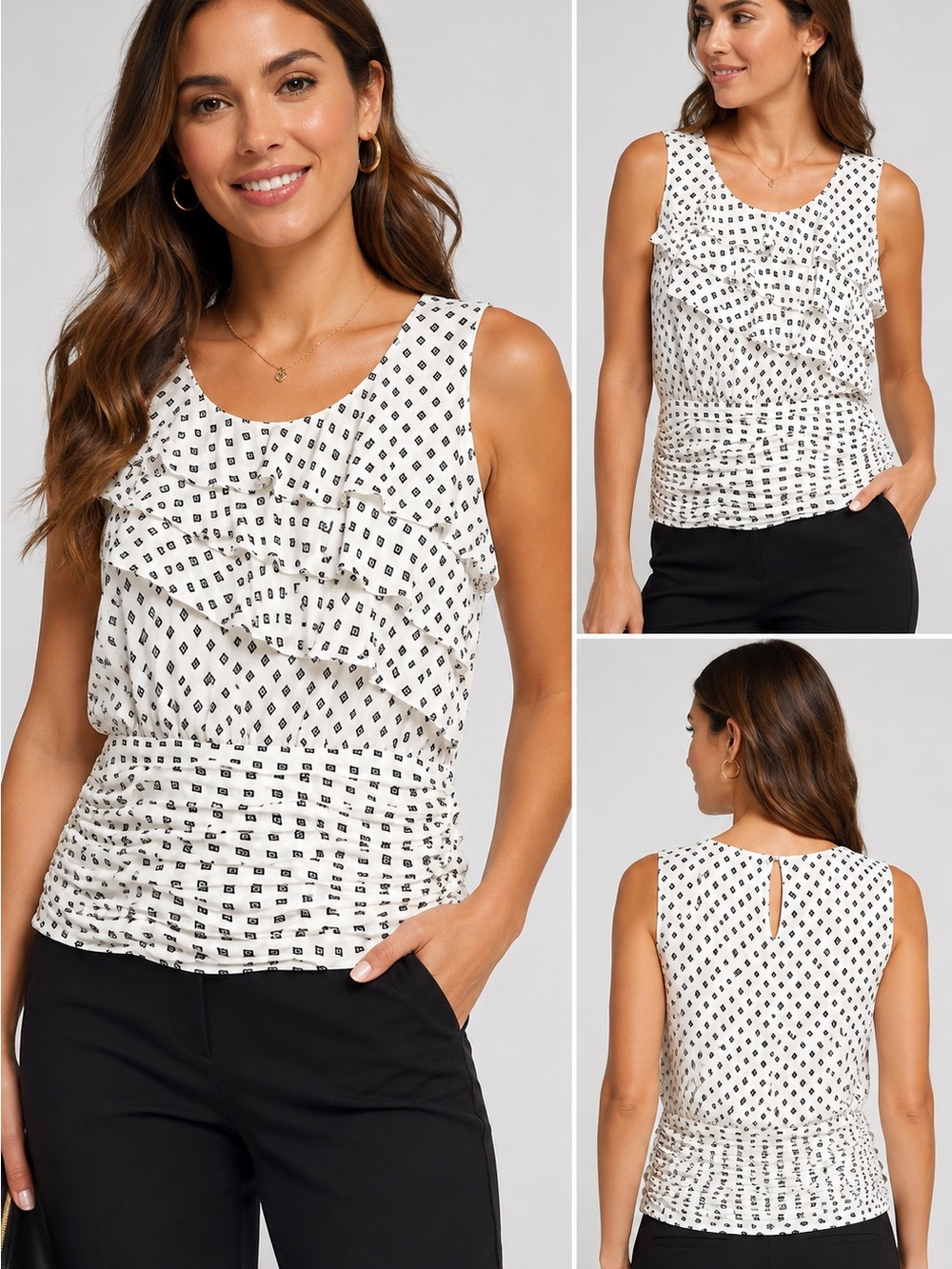 White House Black Market Ruffle Front Sleeveless Blouse Black & White Print XL